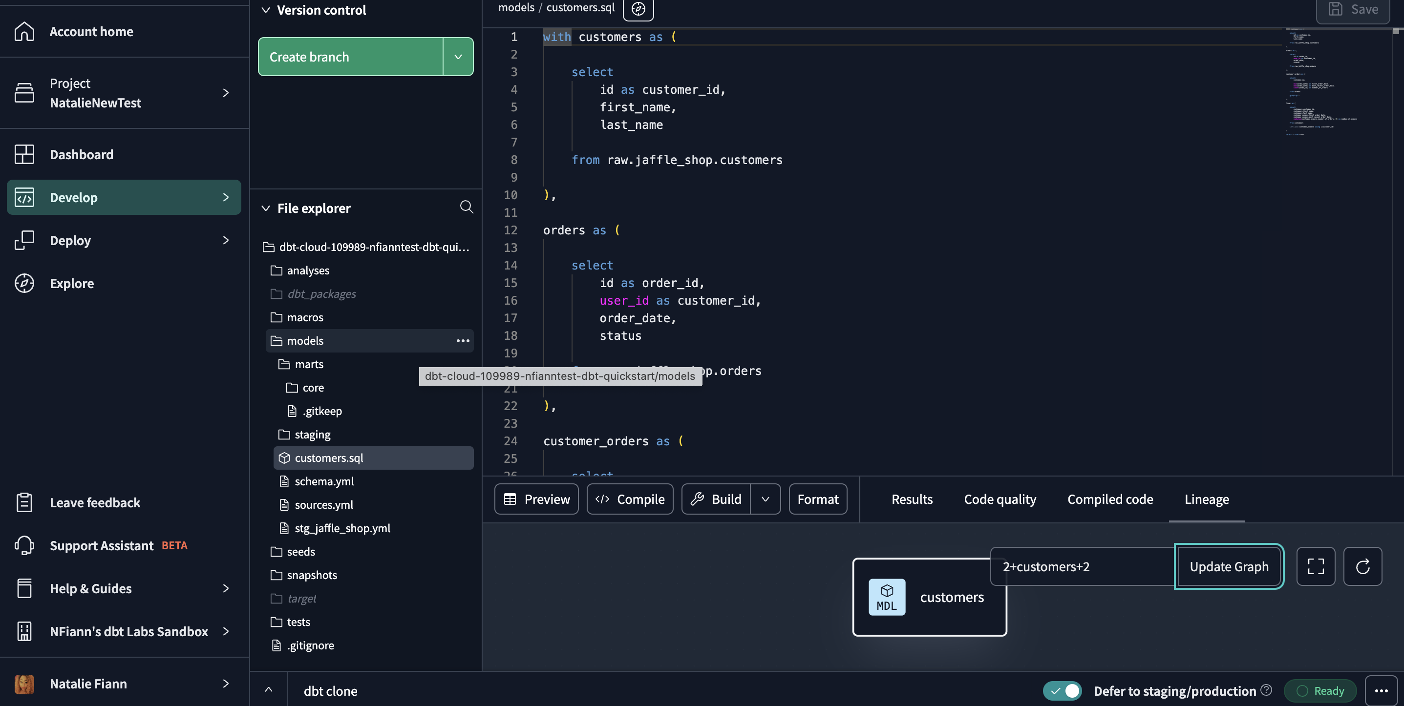 Select the 'Defer to production' toggle on the bottom right of the command bar to enable defer in the dbt Cloud IDE.